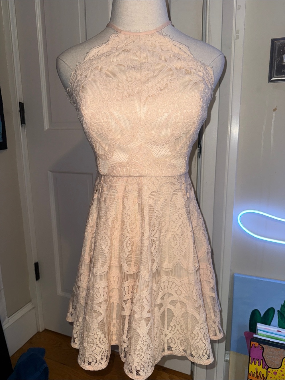 Glamorous Blush Lace Halter Mini Dress